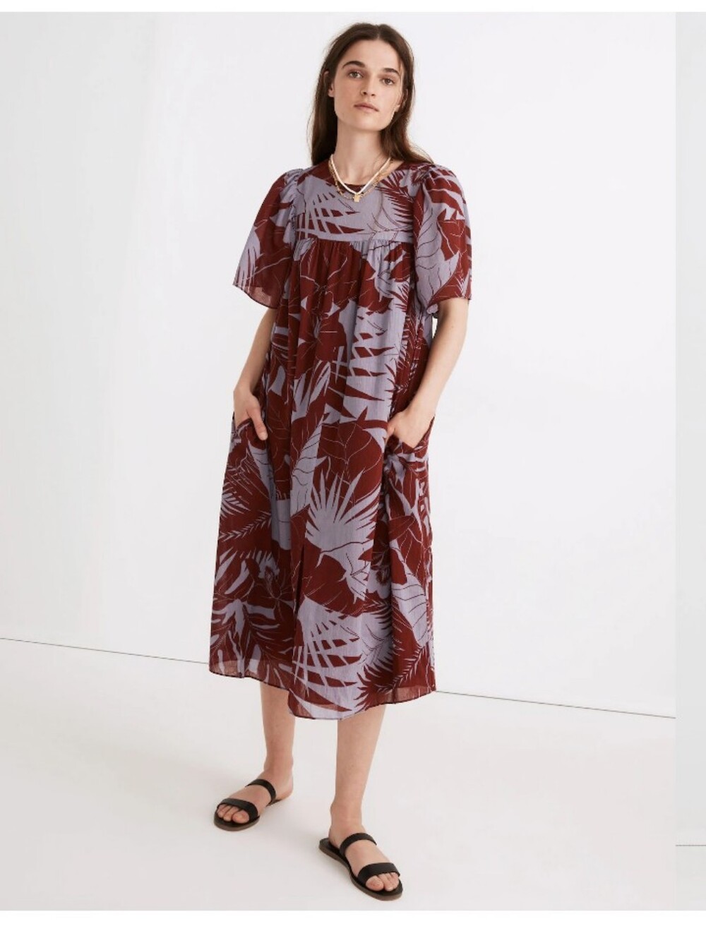 Madewell Women's M Flutter-Sleeve Caftan Dress  Tropical Vacation midi burgundy